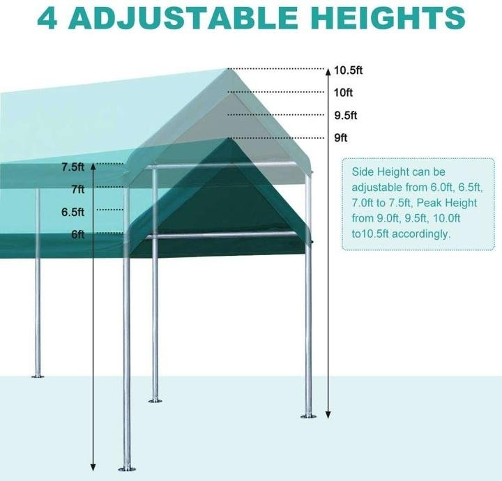 10 x 20 FT Heavy Duty Carport Car Canopy Garage Shelter Party Tent, Adjustable Height from 6ft to 7.5ft, Green - Image 3