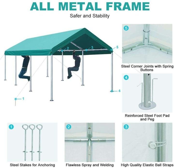 10 x 20 FT Heavy Duty Carport Car Canopy Garage Shelter Party Tent, Adjustable Height from 6ft to 7.5ft, Green - Image 4