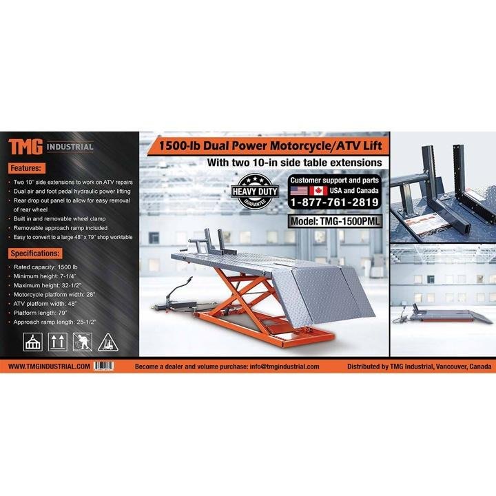 TMG-1500PML 1500-lb Portable Motorcycle/ATV Scissor Lift, 48” Work Platform, Air and Foot Pedal Operating - Image 10