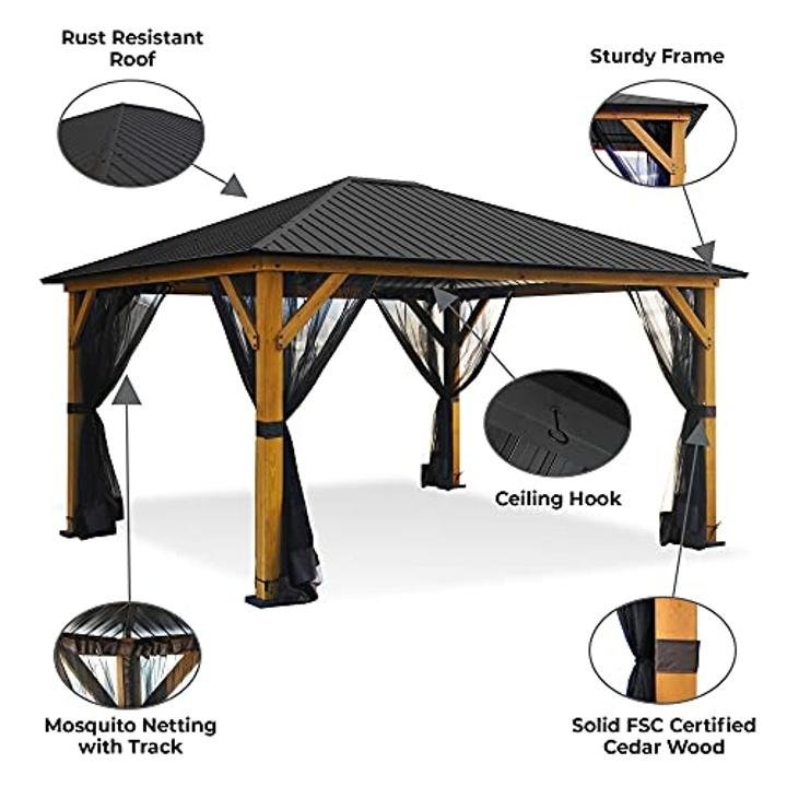 AsterOutdoor 12 Ft. W x 14 Ft. D Outdoor Cedar Wood Hardtop Patio Gazebo with Metal Roof and Insect Netting - Image 6