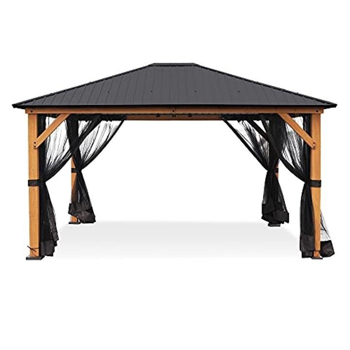 AsterOutdoor 12 Ft. W x 14 Ft. D Outdoor Cedar Wood Hardtop Patio Gazebo with Metal Roof and Insect Netting - Image 7