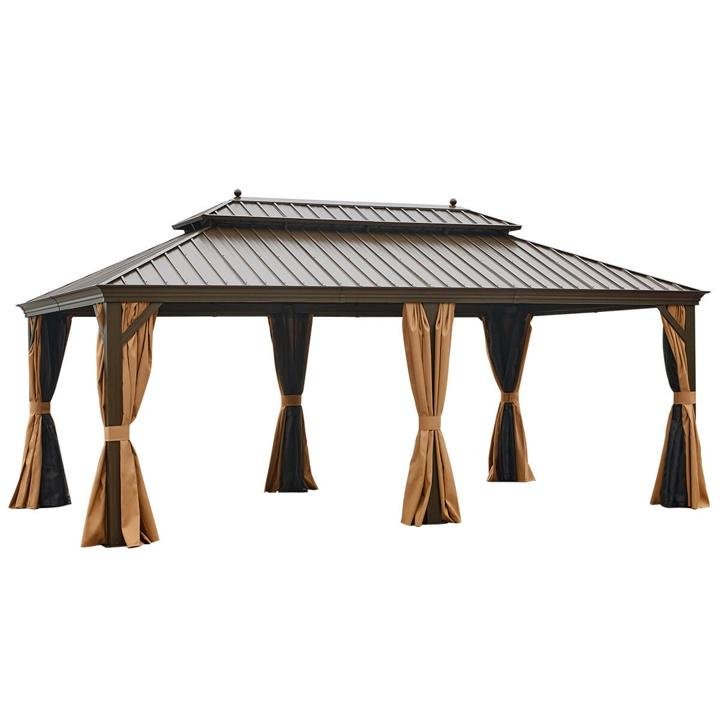 12’x20′ Galvanized Steel Hardtop Gazebo Double-Roof Pergola w/ Netting Curtain - Image 3
