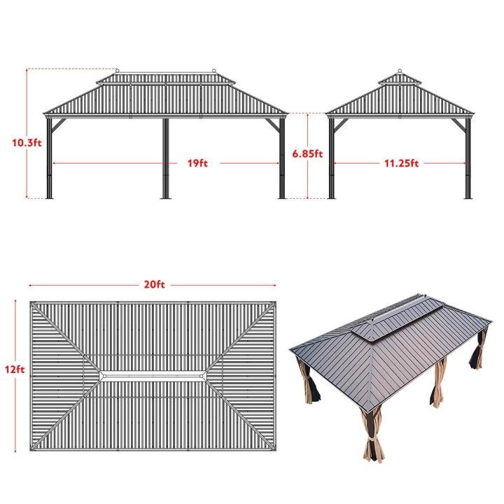 12’x20′ Galvanized Steel Hardtop Gazebo Double-Roof Pergola w/ Netting Curtain - Image 4
