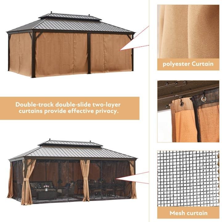 12’x20′ Galvanized Steel Hardtop Gazebo Double-Roof Pergola w/ Netting Curtain - Image 5